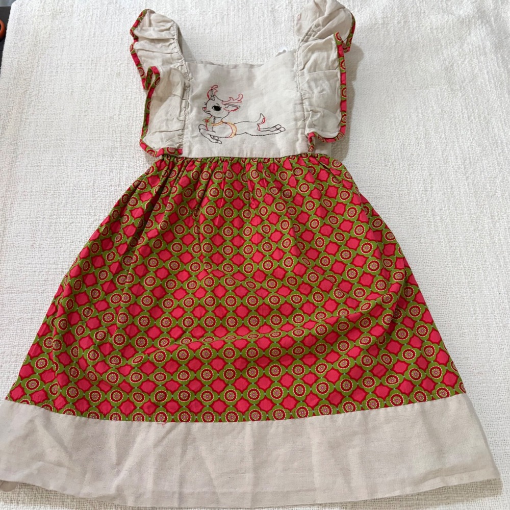 Natalie Grant Girls Reindeer Embroidered Holiday Dress Red Green SM 1001 Small